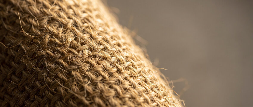 Close-up of natural jute fabric with textured weave pattern  