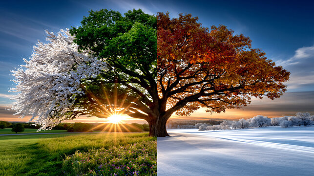 Four seasons tree representing spring summer autumn and winter
