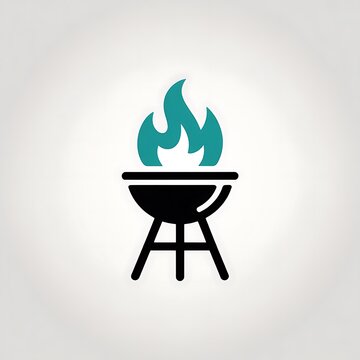 Black charcoal barbecue grill icon with blue fire flame