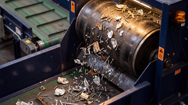 Industrial magnetic separator machine sorting metal waste on a recycling conveyor belt system.