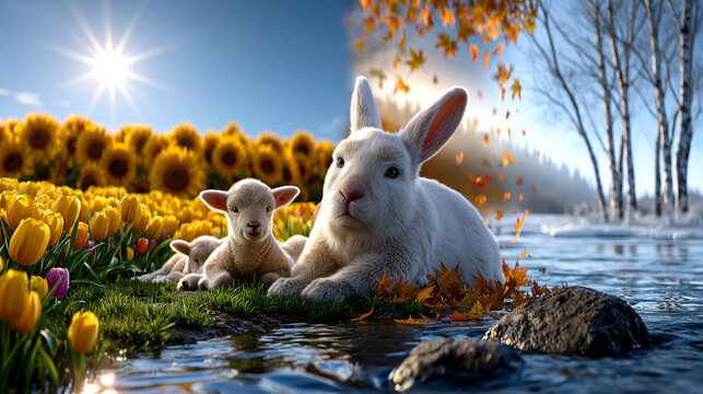 A white rabbit and cute lambs resting near a riverbank with seasonal transitions