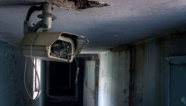 Old broken surveillance camera hanging from a damaged ceiling, cracked housing, loose cables, missing protective cover.