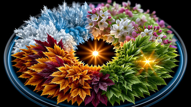 Circular arrangement representing the four seasons with flora