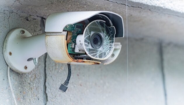 Broken CCTV security camera mounted on an exterior residential wall.