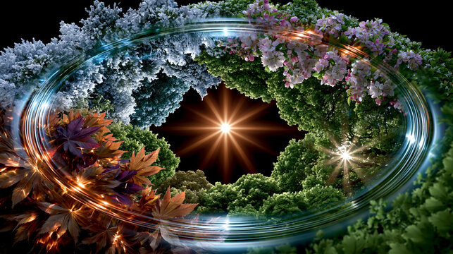 Four seasons tree ring with central sun and glowing light effect