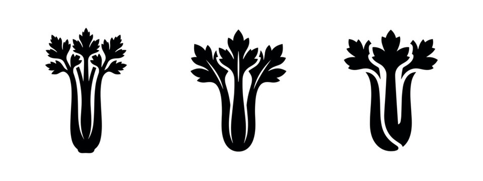 Celery stalk icon set. Fresh healthy vegetable silhouette.