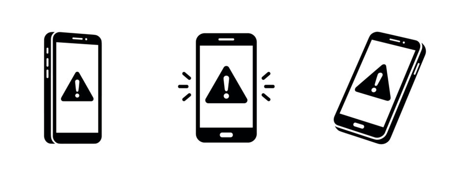 Smartphone warning icon set. Mobile phone notification alert and security problem silhouette.