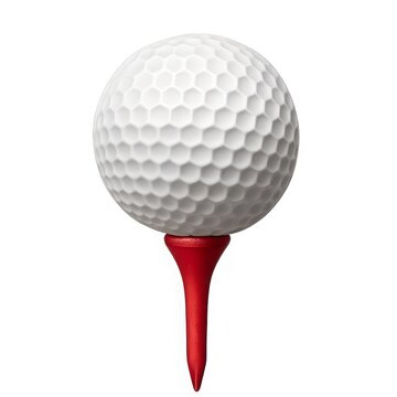 White dimpled golf ball resting on a red tee isolated on a white background.