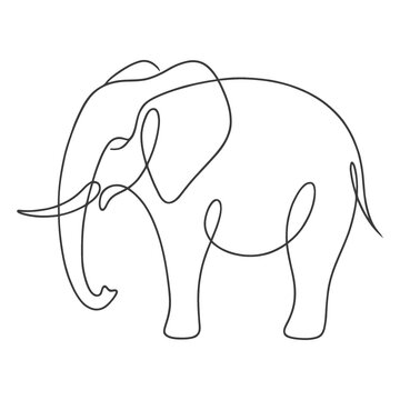 Continuous line drawing of elephant walking with trunk raised minimalist animal vector illustration