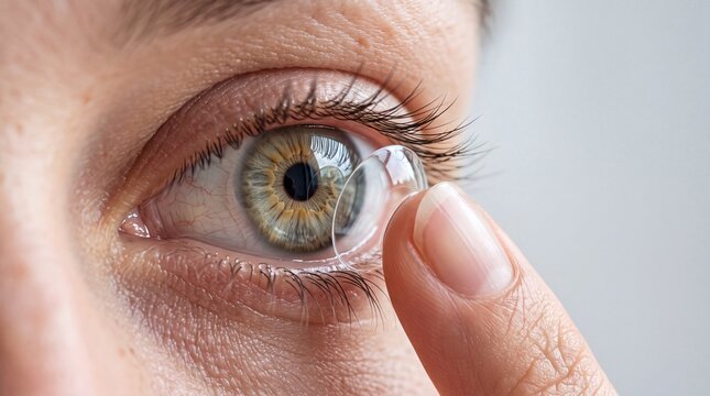 Woman inserting a contact lens into her eye, representing vision correction, eye care, and optical health.