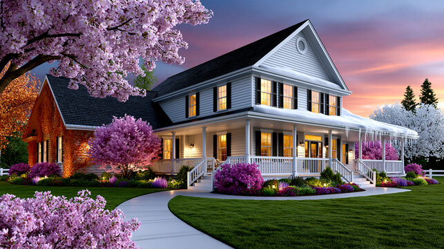 Traditional white house with covered porch during spring sunset