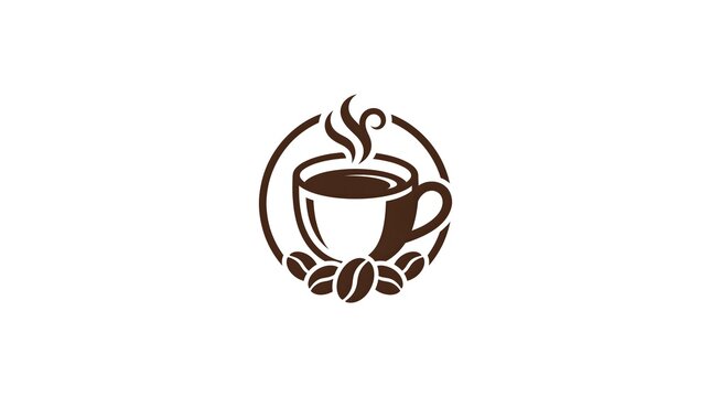 A minimalist vector logo design of a steaming coffee cup inside a circular frame surrounded by coffee beans at the bottom isolated on a white background