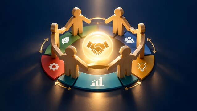 Wooden figures holding hands in circle around glowing handshake symbol representing stakeholder collaboration and business unity