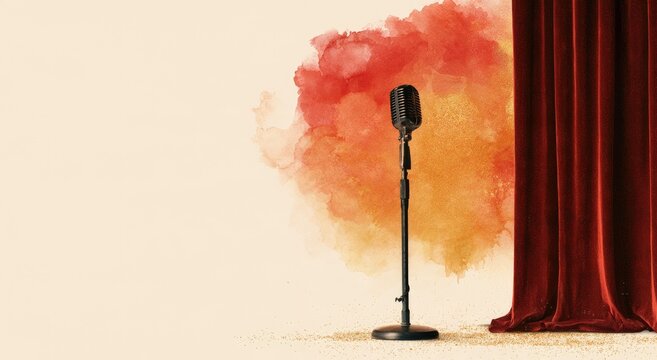 Vintage microphone stands center stage with dramatic red curtains and abstract background