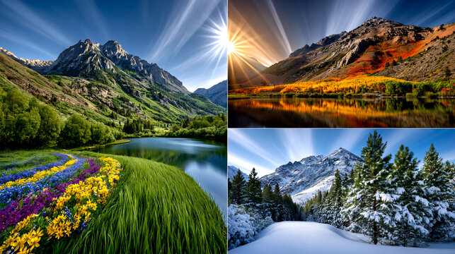 Four seasons landscape montage with mountains, lakes, and forests
