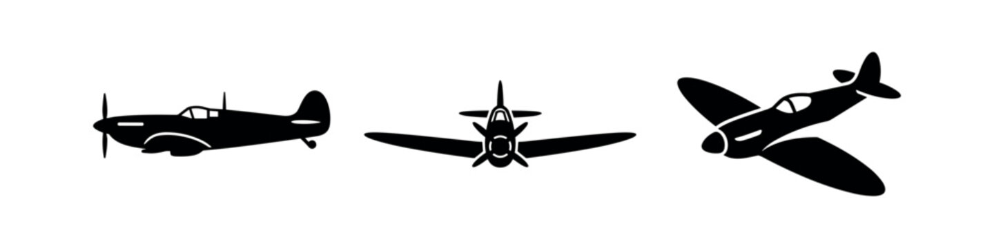 WWII Spitfire Propeller Aircraft Silhouette Icons