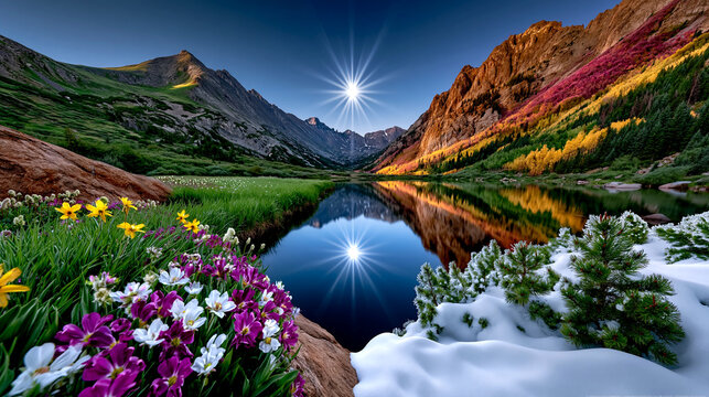 Mountain landscape reflecting in an alpine lake with wildflowers and snow