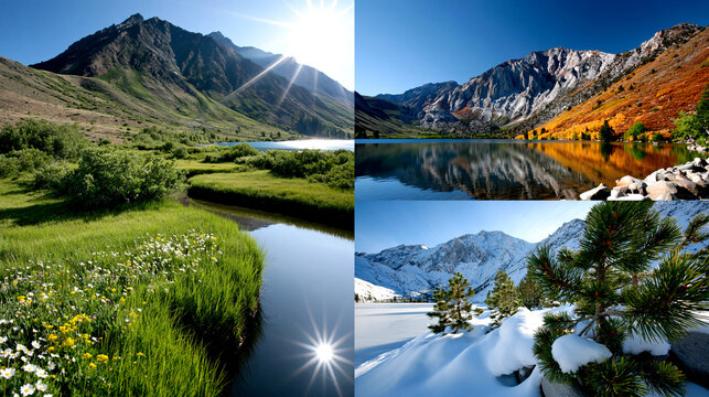 Collage of four seasonal landscapes featuring mountains, lakes, and rivers