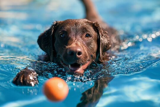 Labrador swimming after floating ball in clear blue water in daylight -  