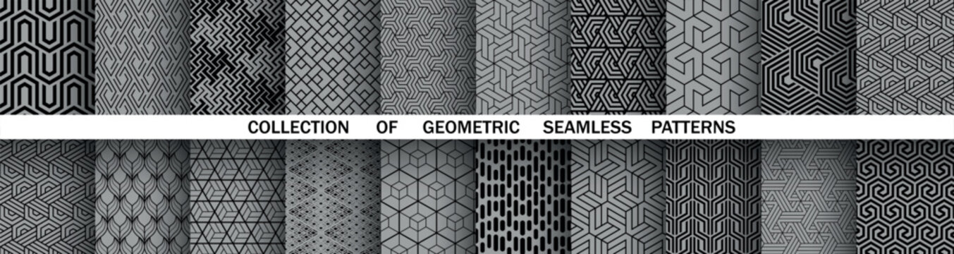 Geometric set of seamless black and gray patterns. Simple vector graphics