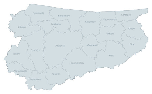 Administrative Divisions Map of Warmian-Masurian Voivodeship, Poland