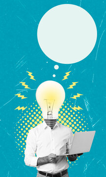 Art collage of a person with a laptop and a light bulb for a head, representing a smart thinker with thought bubbles