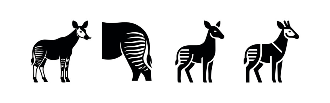 Okapi silhouette icons set, showcasing the unique striped patterns of this elusive African forest giraffe.