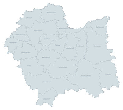 Administrative Map of Lesser Poland Voivodeship, Poland - Detailed Districts