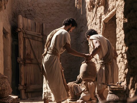 Two men in ancient robes handling a large clay jar in a sunlit, rustic village courtyard