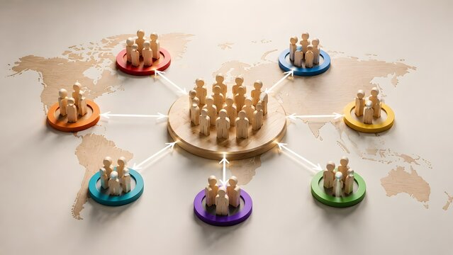 Global team network concept with wooden figures on world map connecting diverse regional groups to central hub