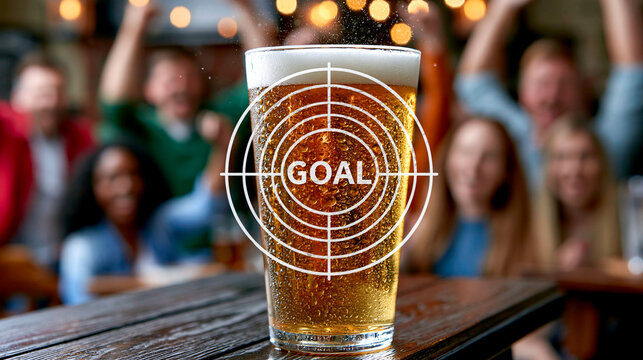 Pint of beer on a wooden table with a goal target graphic overlay