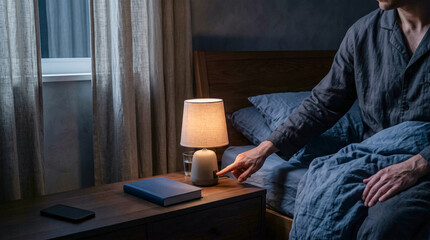 Fototapeta premium Man turning off bedside lamp before sleep