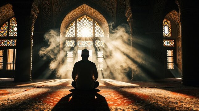 Muslim man prays in mosque interior. Sun rays stream through windows illuminating smoke. Man wears traditional cap sitting on carpet. Spiritual atmosphere in holy place.