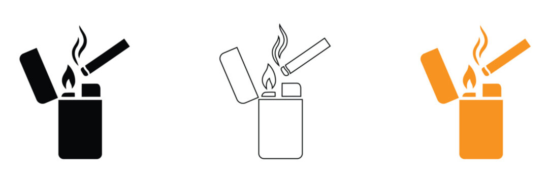 Lighter Flame Cigarette Icon Set, Smoking Lighting Fire Symbol, Tobacco Burner Accessory Sign, Minimalist Black Orange Silhouette Line Art Vector Design