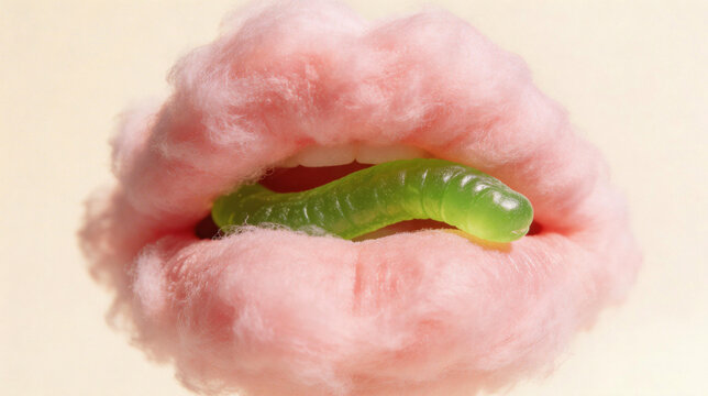 Green gummy worm candy inside cotton candy lips