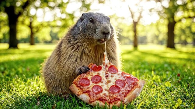 Cute groundhog eating pepperoni pizza slice in sunny green park