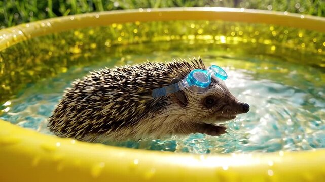 Cute hedgehog swimming in yellow pool with blue goggles