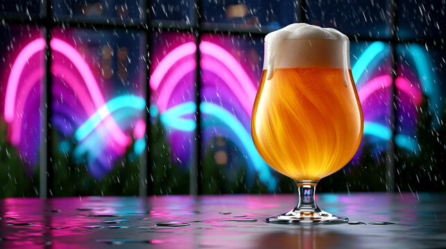 Glass of beer on a wet surface with neon lights background