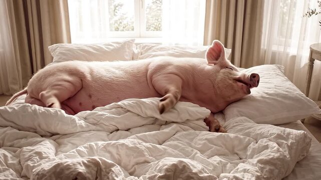 Cute pink pig sleeping comfortably in a cozy white bed