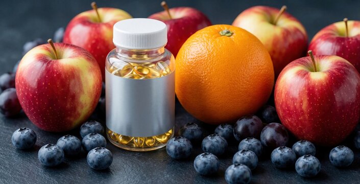 Bottle of supplements with apples oranges blueberries and grapes arranged together. Focus on healthy food and vitamins for wellness. Natural source of nutrients.