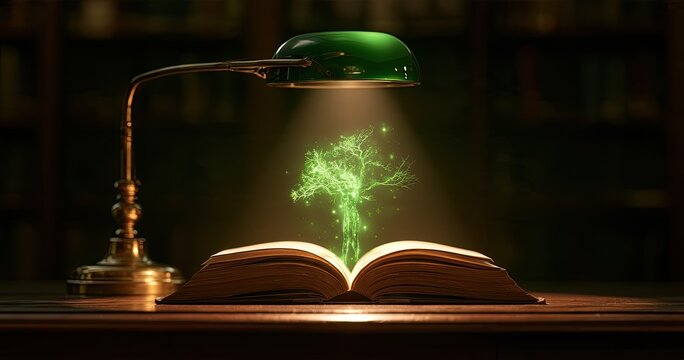 Illuminated book opens to reveal glowing, ethereal tree of knowledge