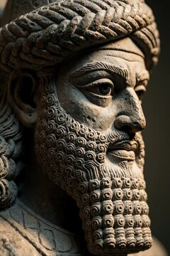 Stone sculpture shows ancient Mesopotamia king or god. Detailed beard, woven headwear, human face carved with skill. Old artifact represents ancient culture, history, and craftsmanship.