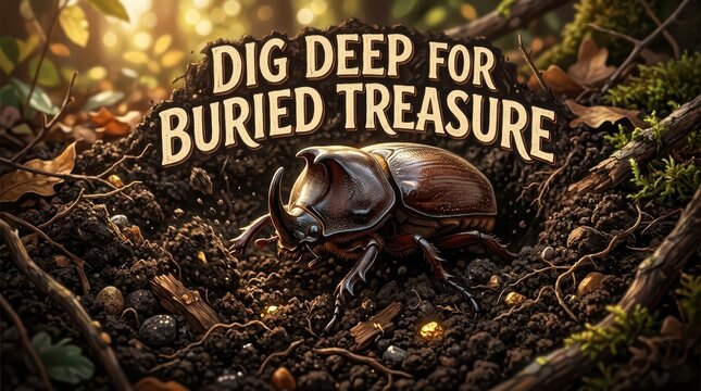 Rhinoceros Beetle Digging in Forest Soil with Dig Deep for Buried Treasure Text Overlay