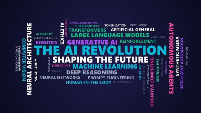Artificial intelligence revolution word cloud motion graphics animation loop for technology presentation and digital concept background
