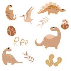 Cute boho nursery dinosaur clipart set with chalk texture. Vector baby dinos collection with leaves and eggs for kids design and baby shower © Yevhenii Lytvynenko