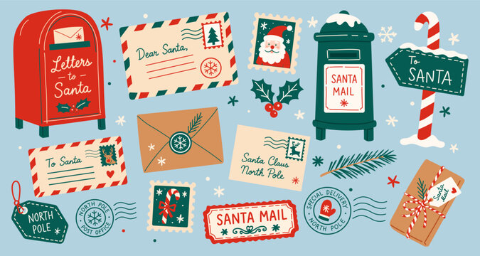 Christmas Santa mail collection with letters, envelopes, postboxes, stamps and North Pole postal elements. Festive holiday vector illustration set  for cards, stickers, wrapping and decor