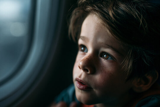 Curious Boy Looking Through Airplane Window During Flight