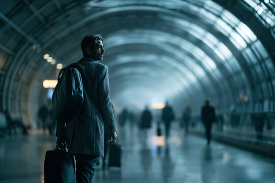 Businessman Walking with Luggage in Airport Terminal