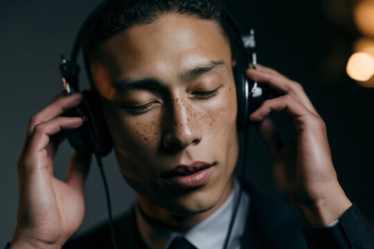 Young Man with Closed Eyes Listening to Music on Headphones