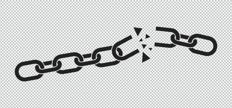 Broken Chain Symbol. A chain links are breaking apart in the middle, symbolizing strength and resilience, as well as connection and separation.